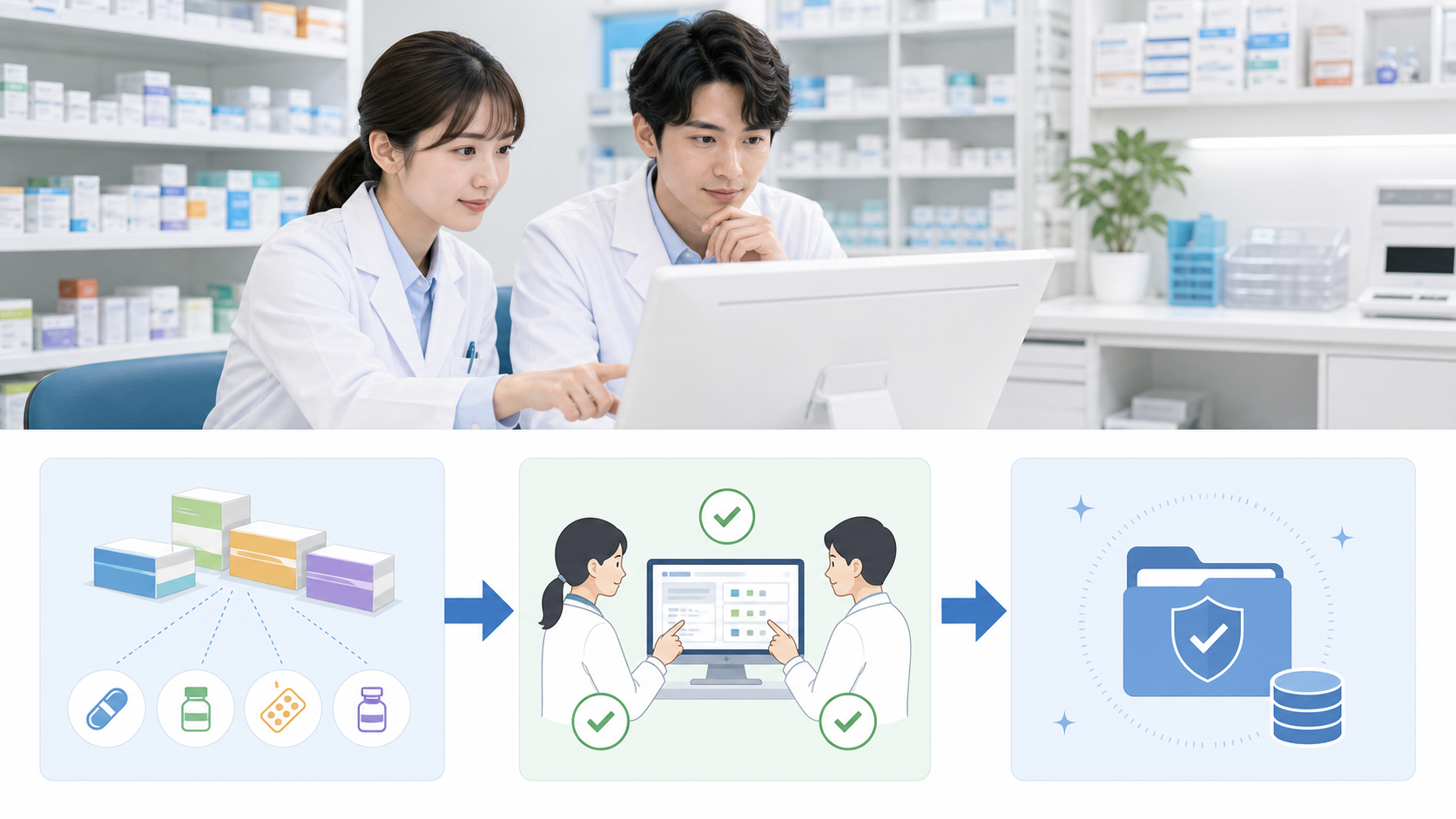 薬局で医薬品等マスタ設定を二重確認するワークフローのイメージ