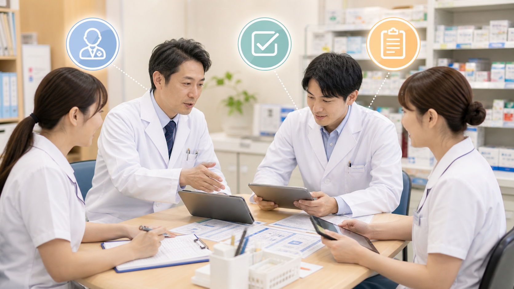 薬局スタッフが電子処方箋マスタ点検の役割を共有するイメージ