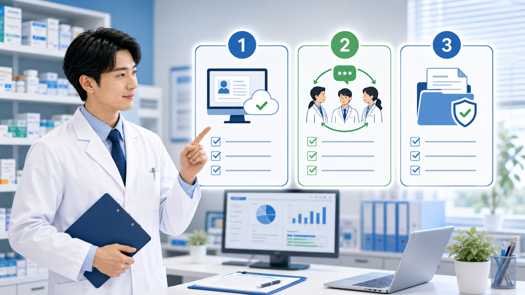 薬局現場で電子処方箋の基本機能、担当者、共有を確認する3点のイメージ