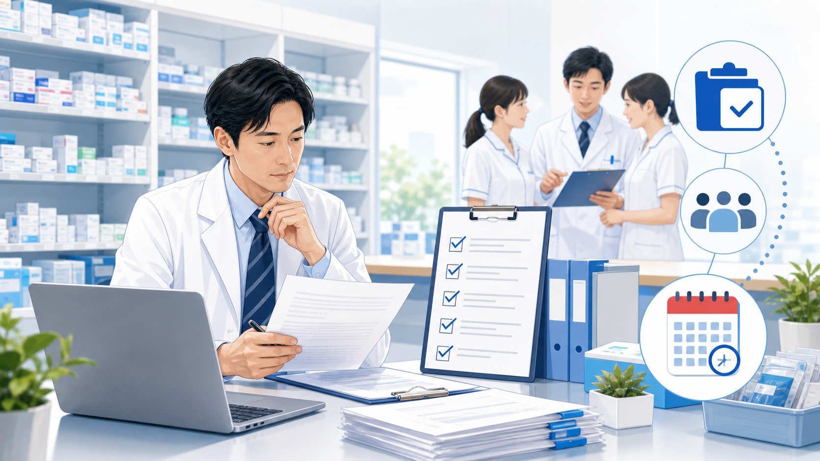 薬局現場で制度対応を確認する管理薬剤師のイメージ