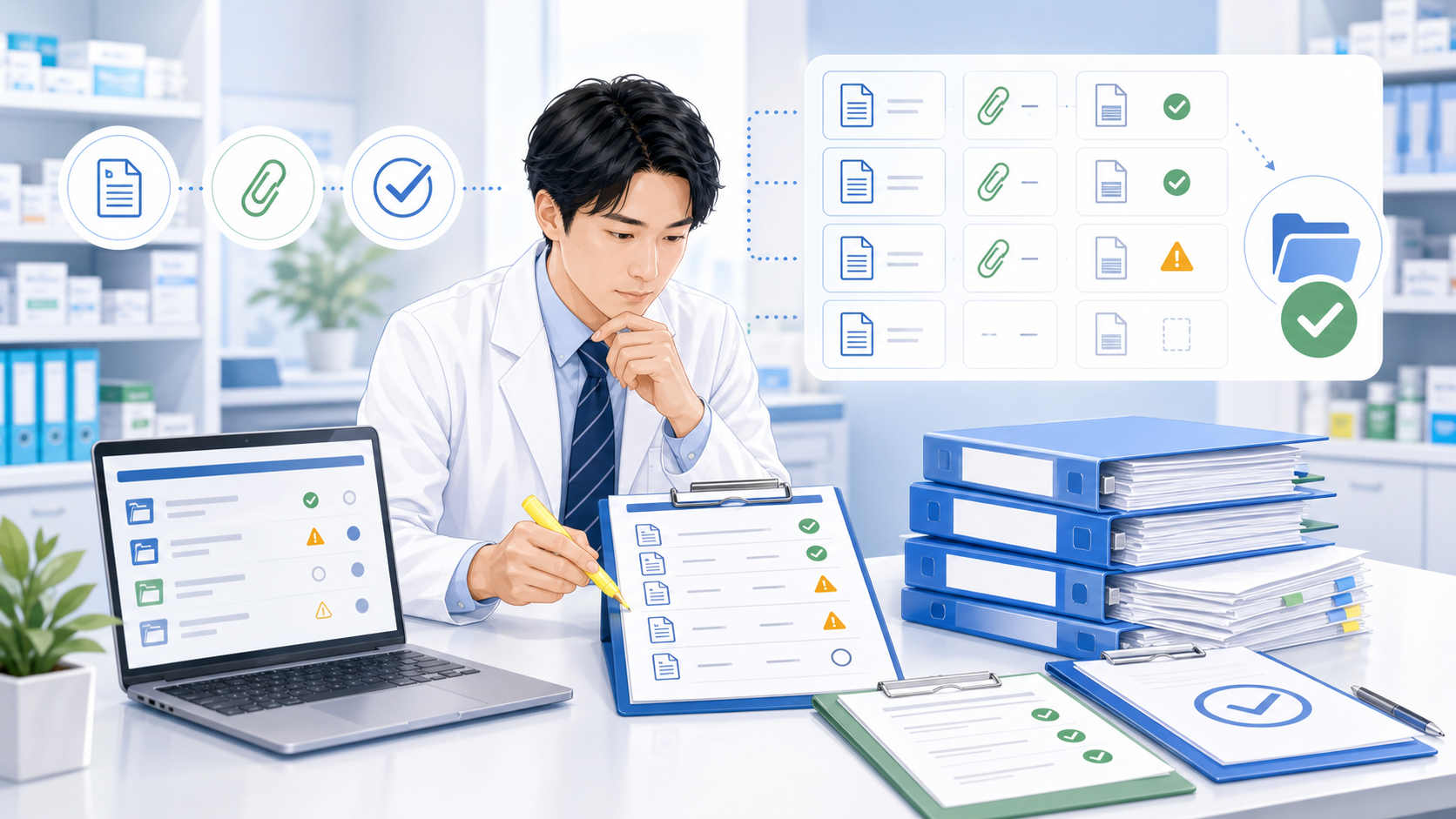 薬局で施設基準届出の様式と添付書類を確認するイメージ