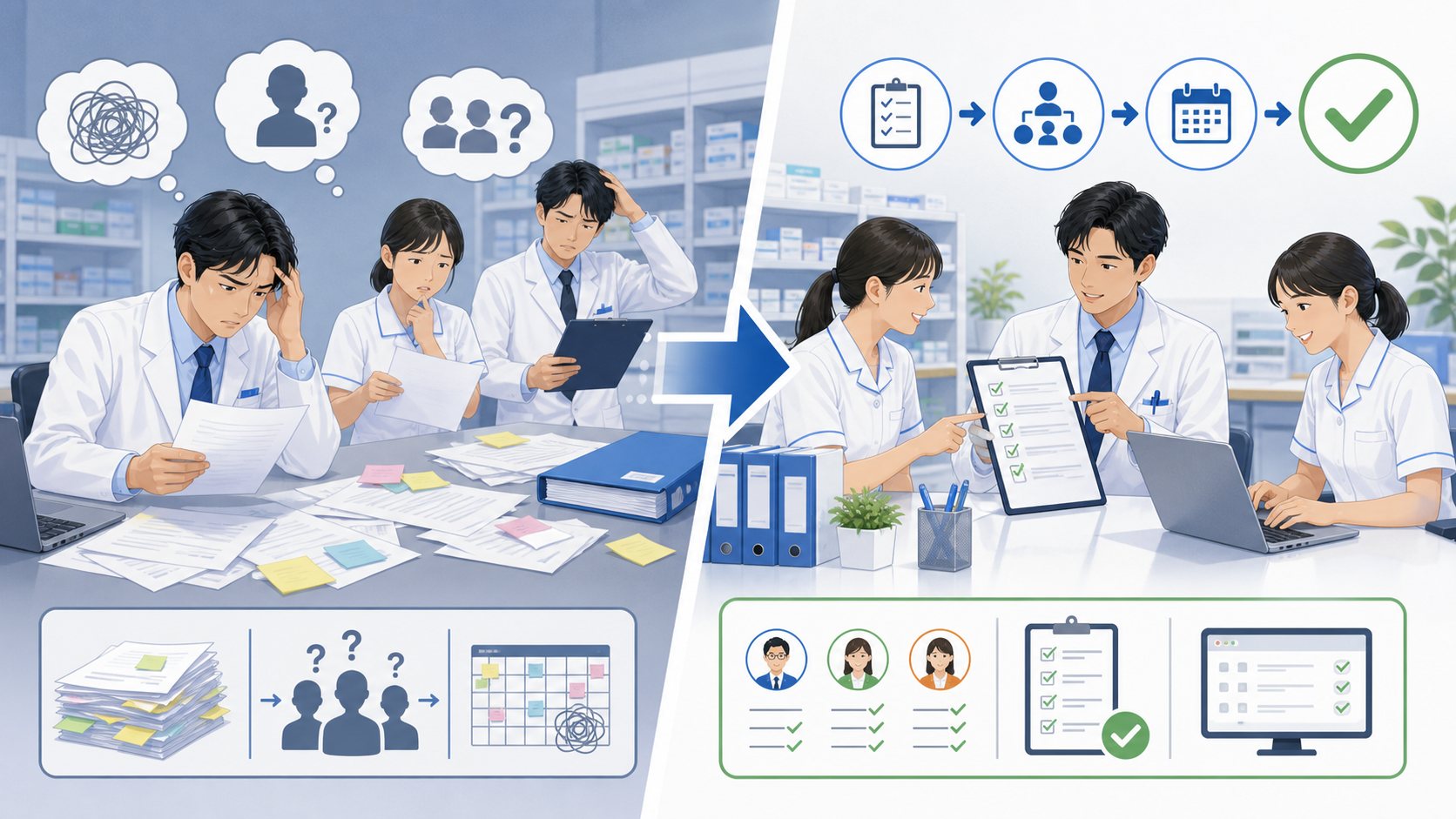施設基準届出で混乱しやすい薬局と整理された薬局を比較するイメージ