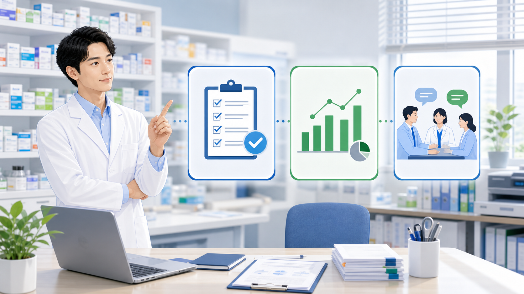 調剤報酬改定で薬局現場が届出・実績・スタッフ共有の3点を確認するイメージ