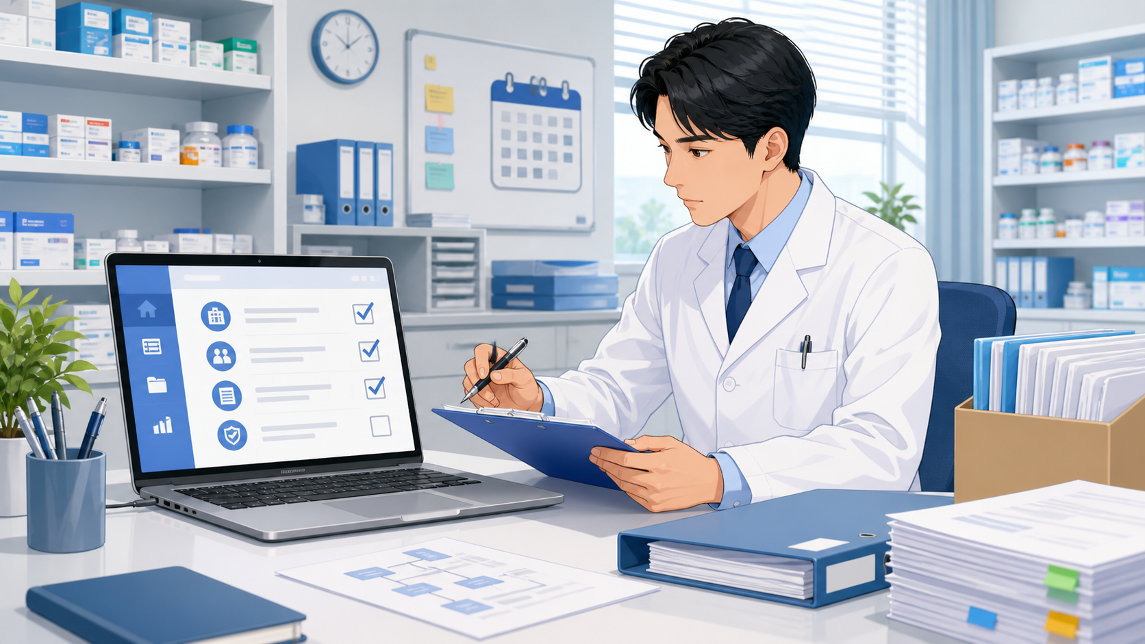 薬局用チェックリストと届出書類を確認する管理薬剤師のイメージ