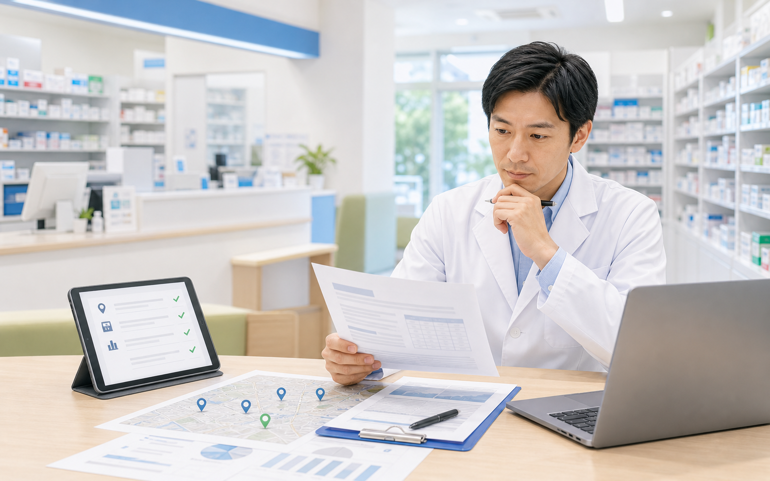 薬局で処方箋集中率、立地条件、確認担当を分けて整理するワークフロー