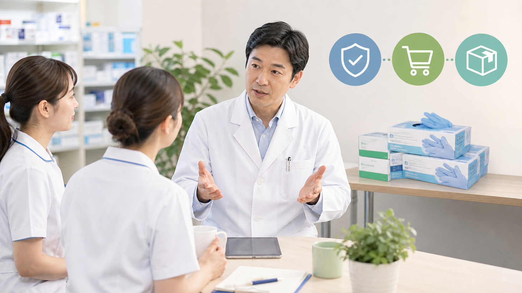 薬局スタッフへ医療材料対応を共有するイメージ