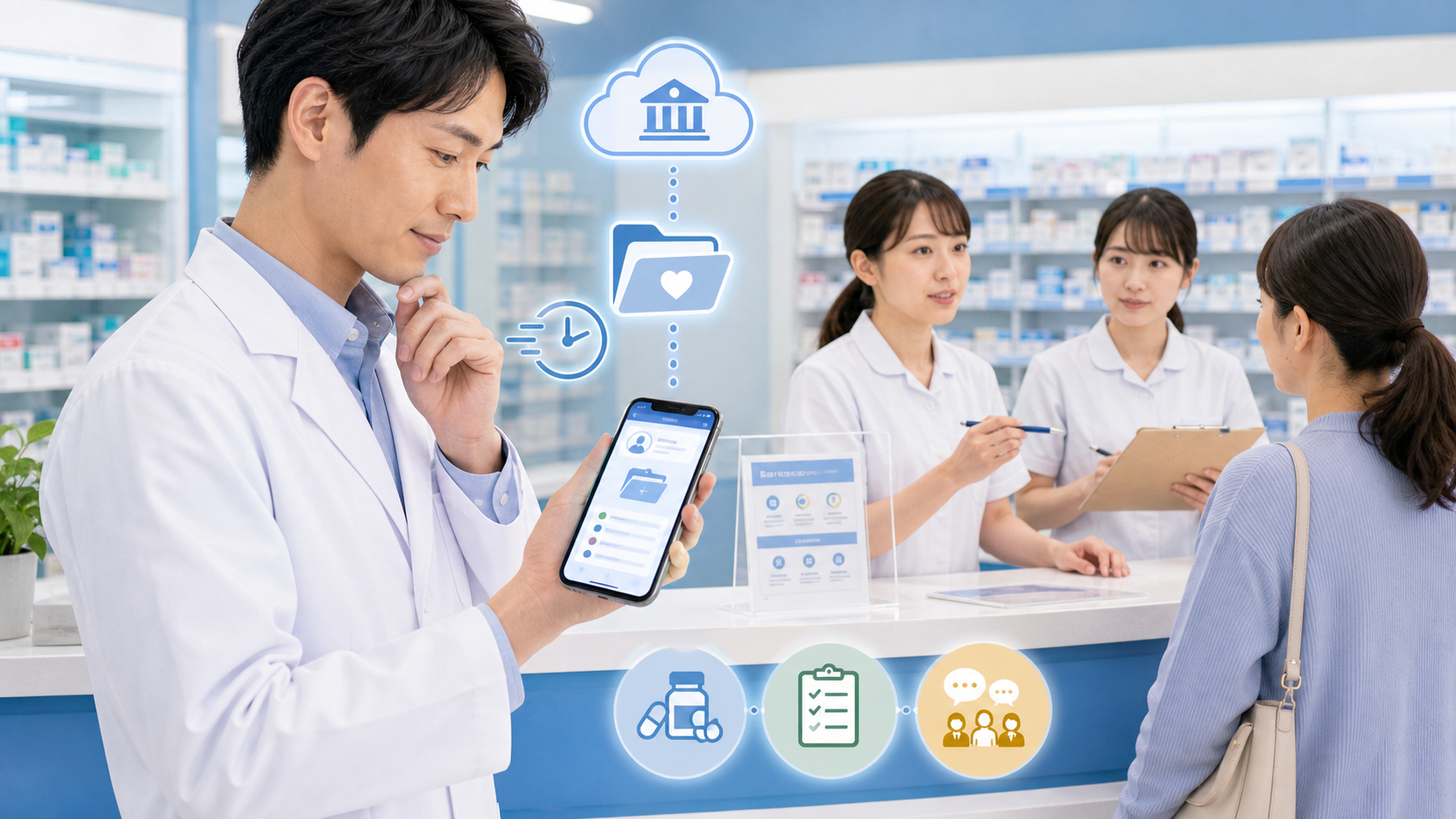 薬局スタッフがマイナポータル薬情報について患者説明の準備をするイメージ