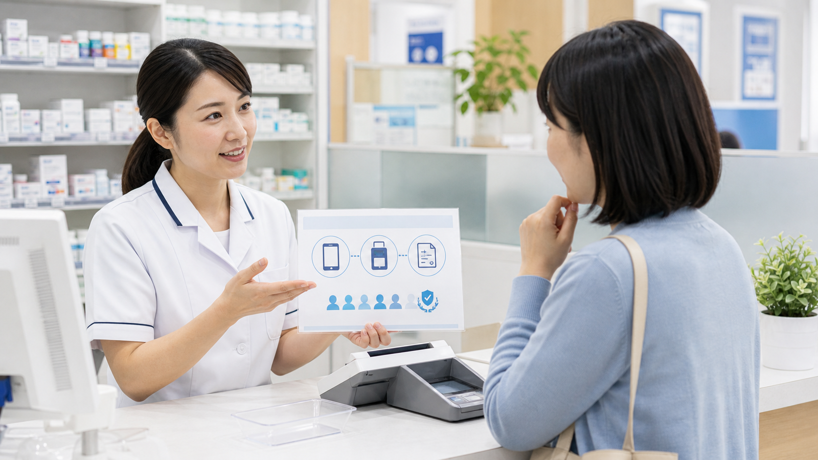 薬局スタッフが患者へマイナポータル薬情報を説明するイメージ