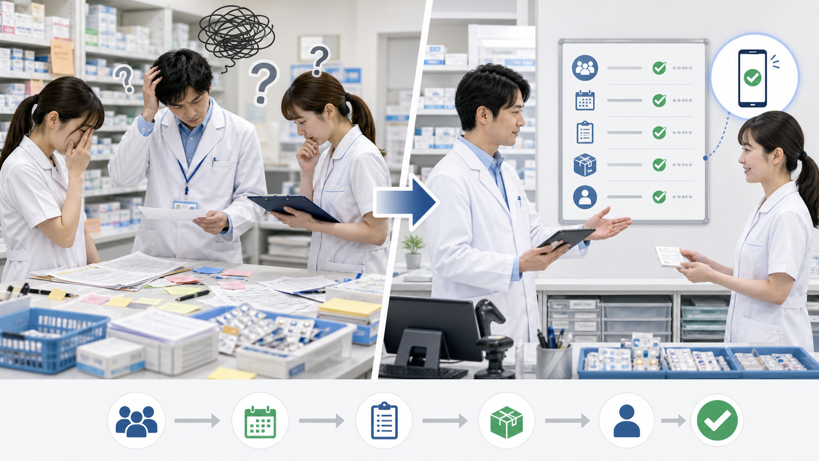 薬局で説明がばらつく状態と共有が整った状態を比較するイメージ