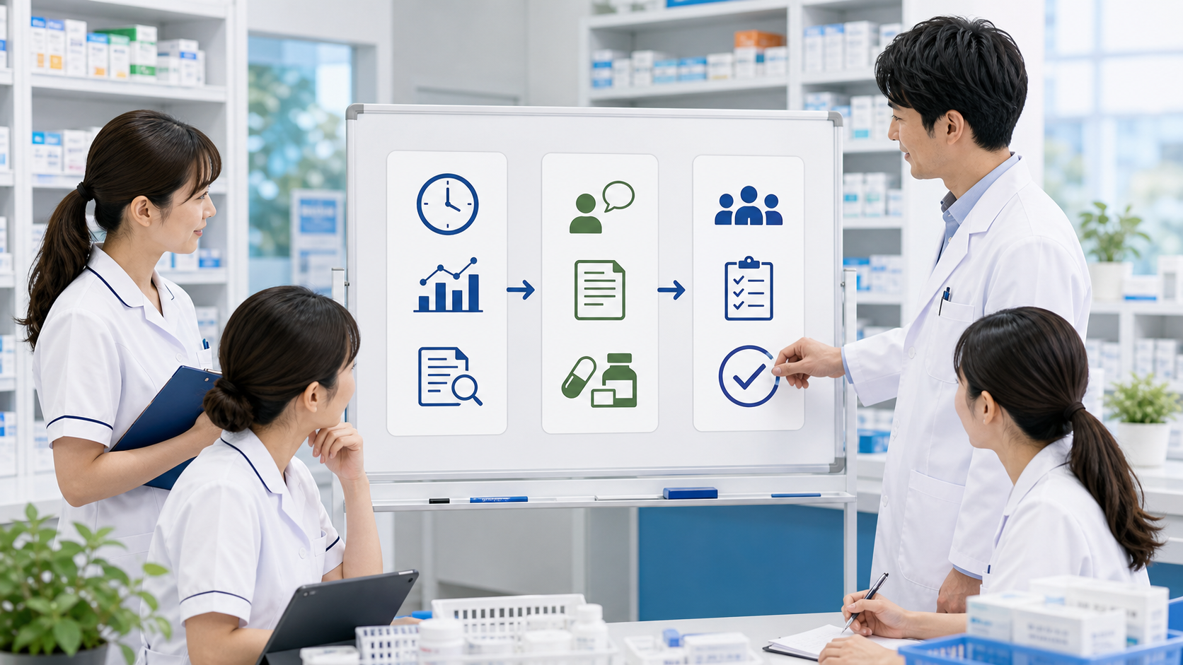 薬局チームがマイナポータル薬情報の確認手順をまとめるイメージ