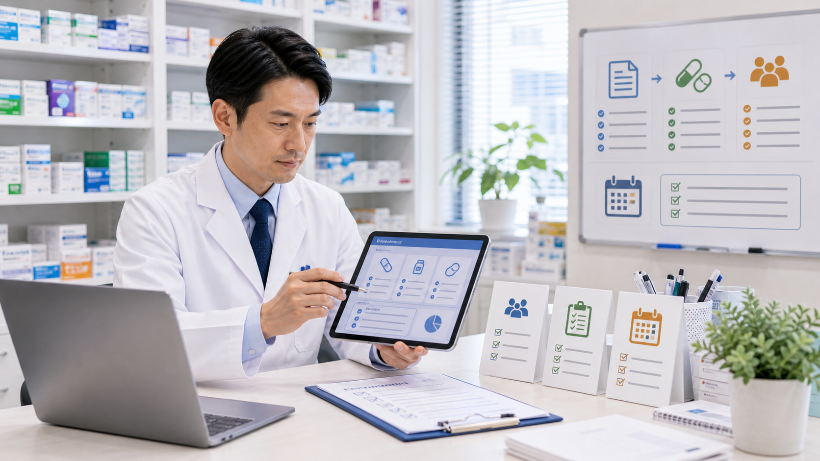 薬局でOTC類似薬の特別料金に関する公式資料とチェックリストを確認するイメージ
