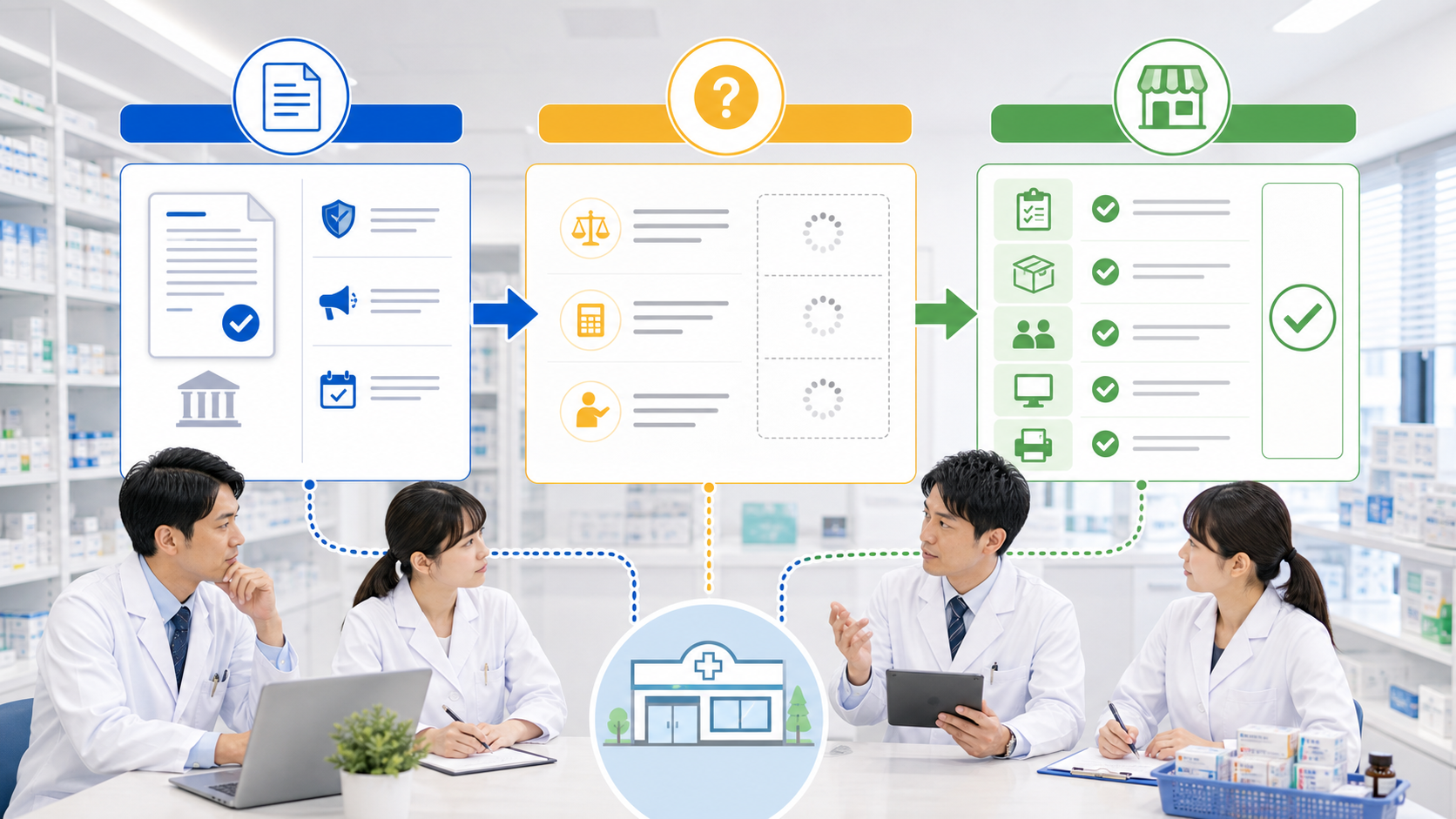 公式決定と未確定事項と店舗準備を分けて確認する薬局スタッフのイメージ