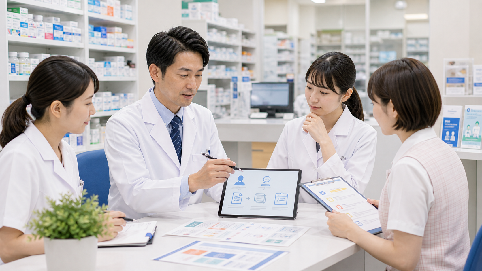 薬局スタッフが患者説明の言い方をそろえるために確認しているイメージ
