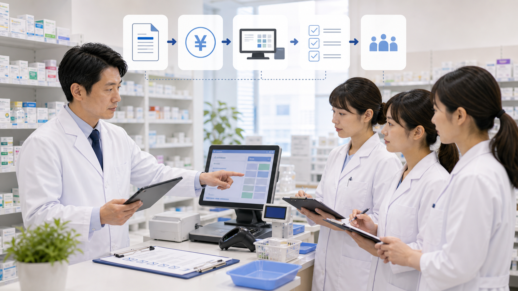 薬局で会計とスタッフ共有の準備を分けて確認するイメージ