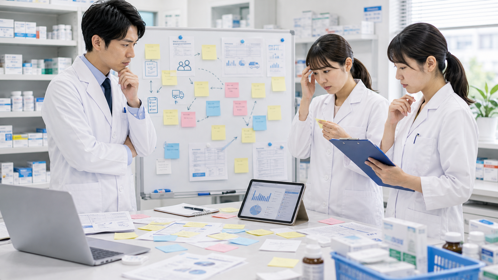 薬局で申し送りや在庫情報が分散している状態を管理薬剤師が確認するイメージ