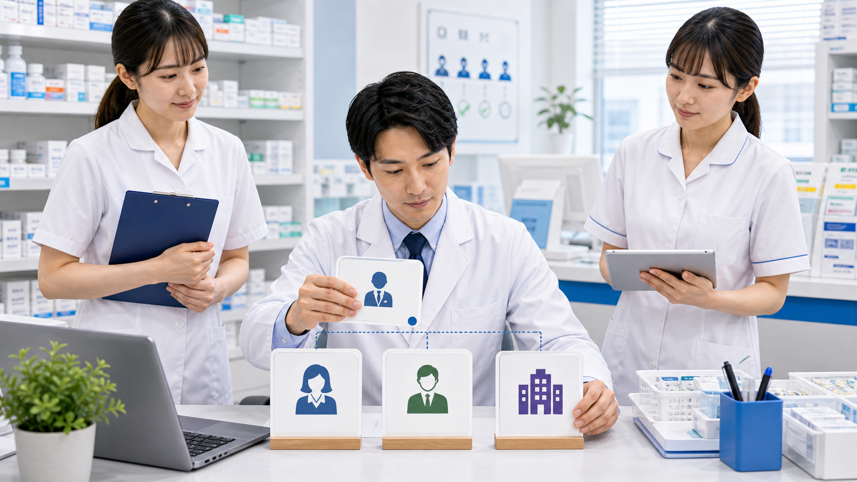 管理薬剤師が薬剤師、事務、本部に共有する情報を分けるイメージ