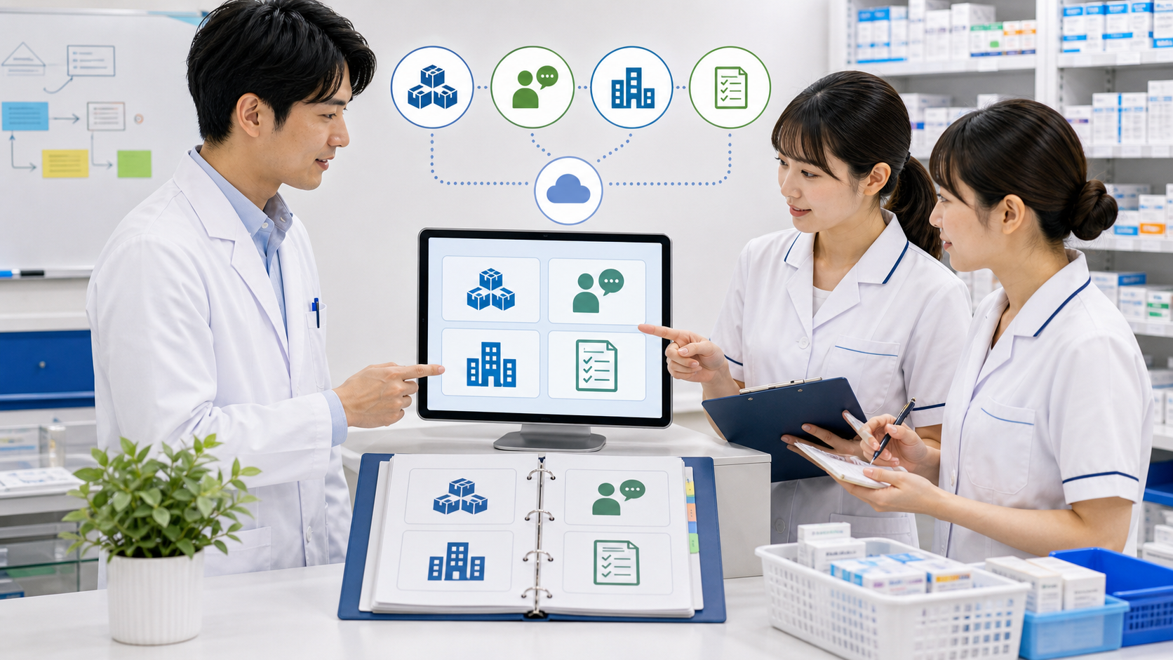 薬局で情報の置き場を共有ボードや手順書に固定するイメージ