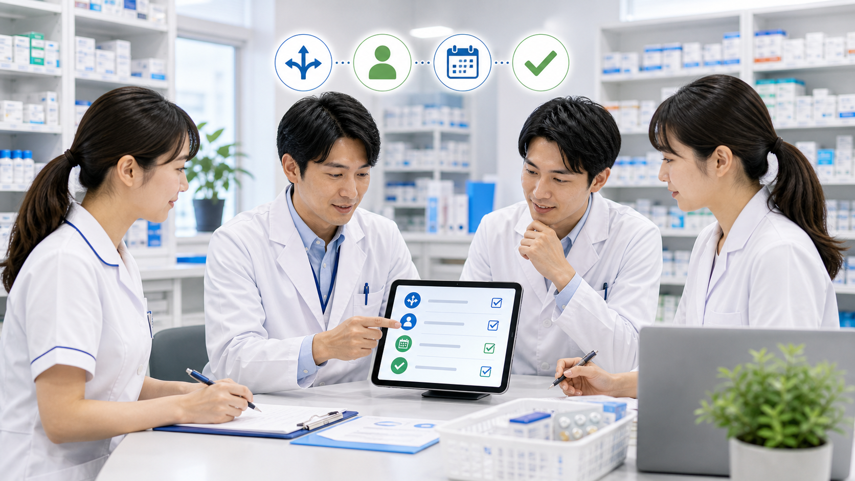 薬局スタッフが短時間の共有ミーティングで確認事項をそろえるイメージ