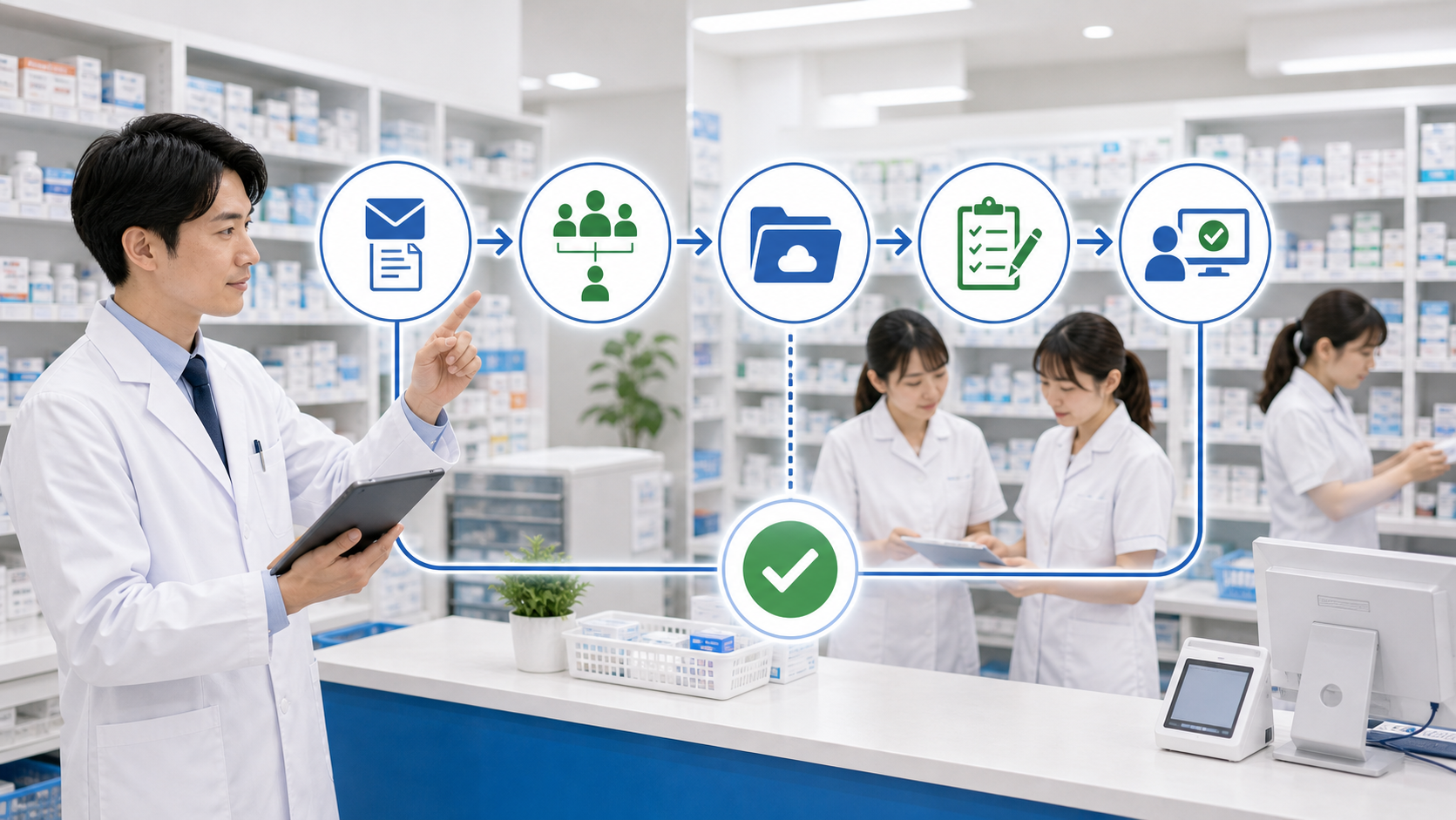 薬局の情報共有を受け取り、担当、記録、確認の流れで整理するイメージ