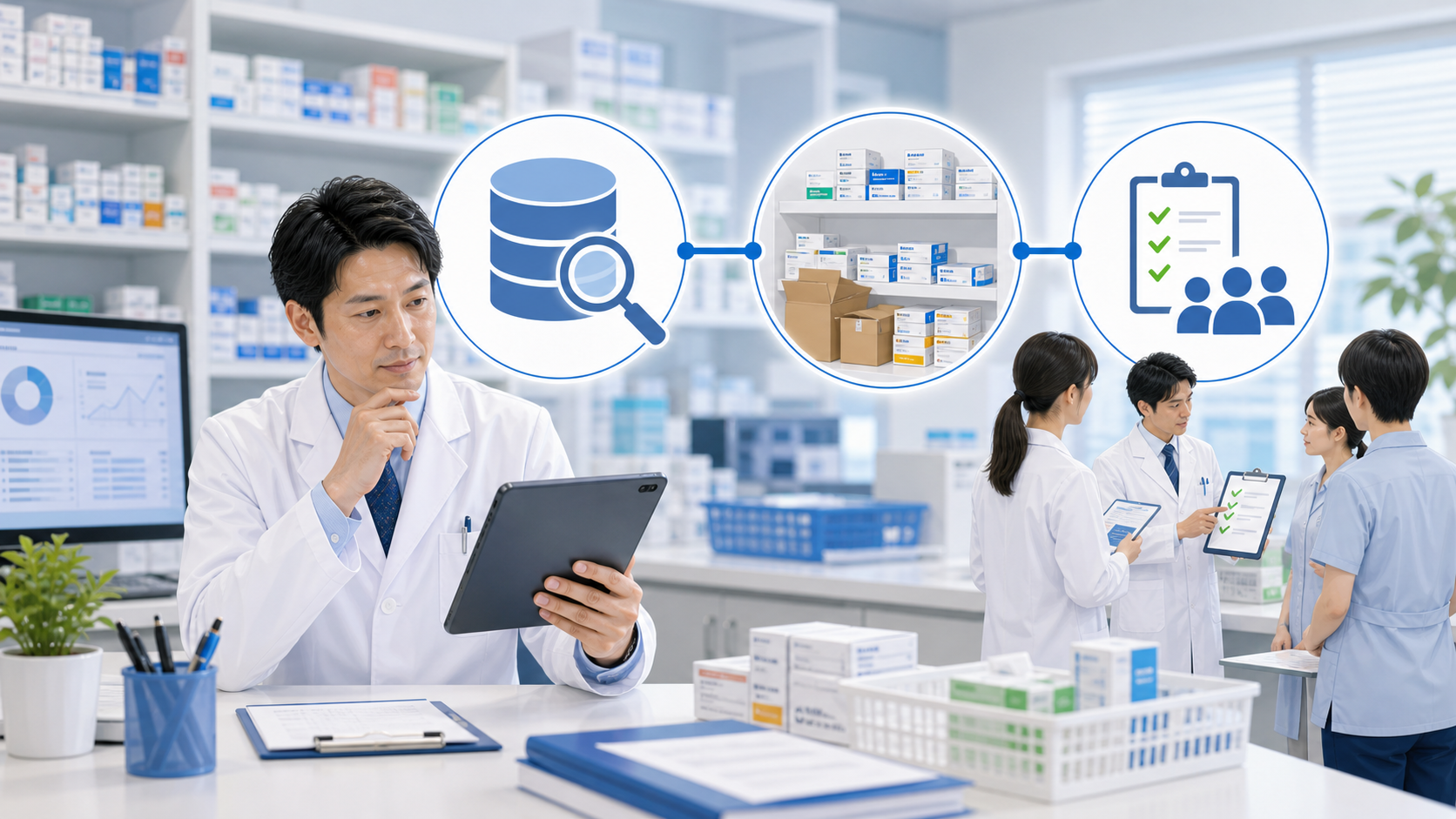 医薬品供給情報を薬局で確認し在庫発注とスタッフ共有につなげる3点を示すサムネイル画像
