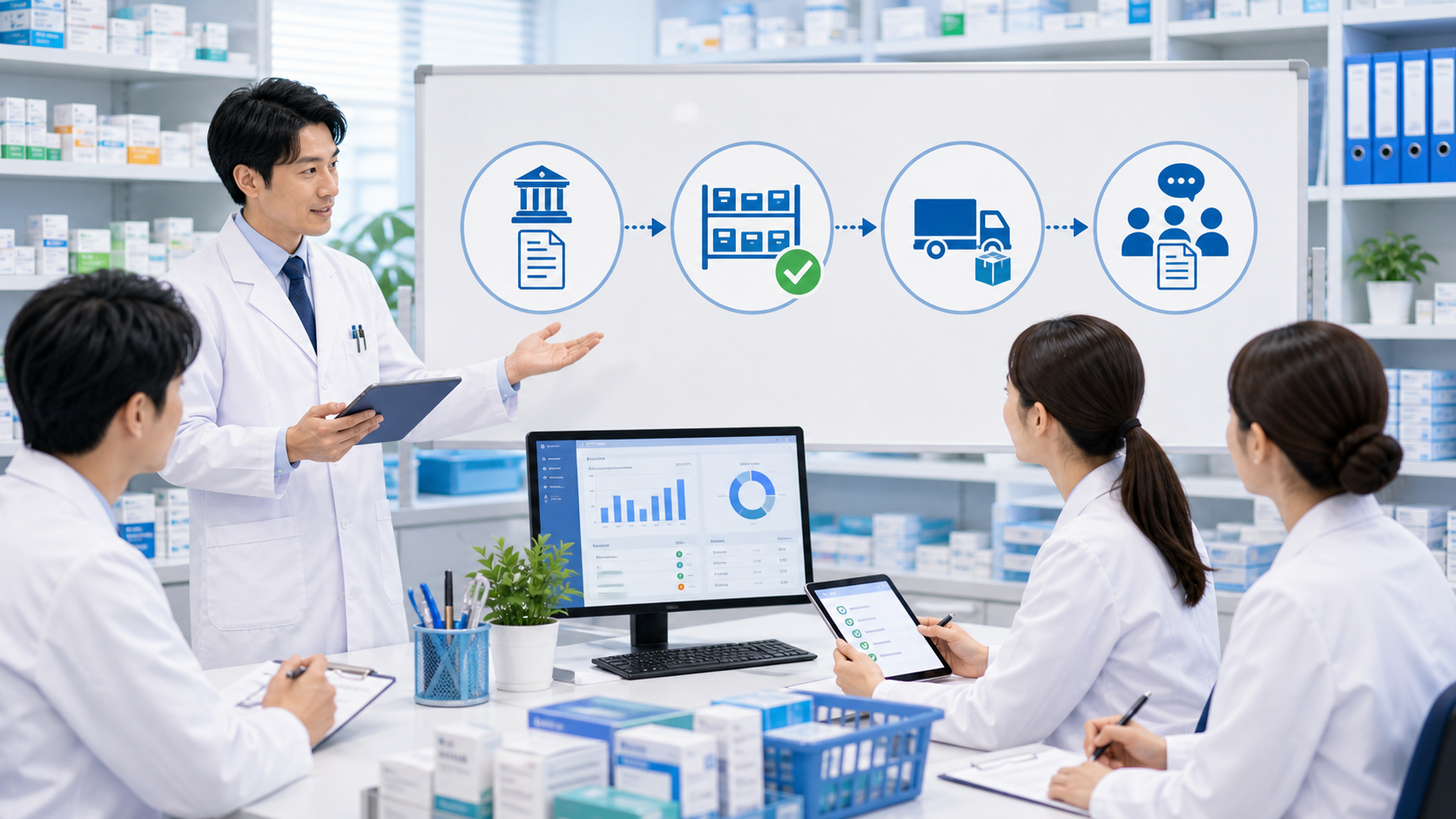 医薬品供給情報を公式情報、在庫確認、発注、共有へつなげる薬局業務の流れ