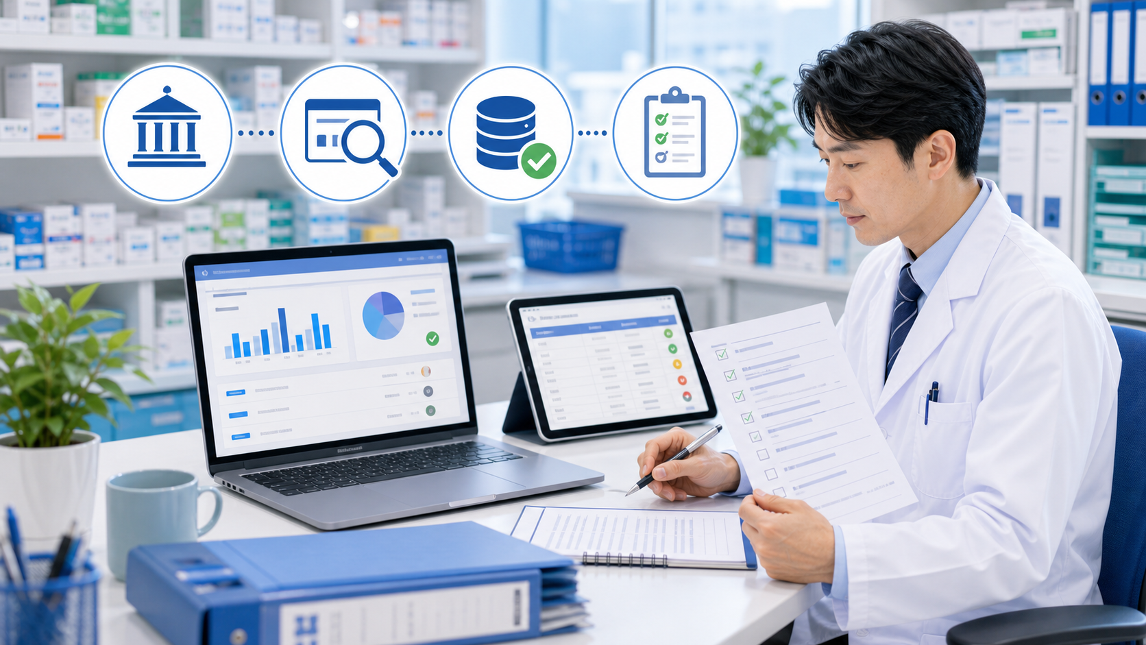 薬局で医薬品供給情報の公式ページと供給状況データを確認するイメージ