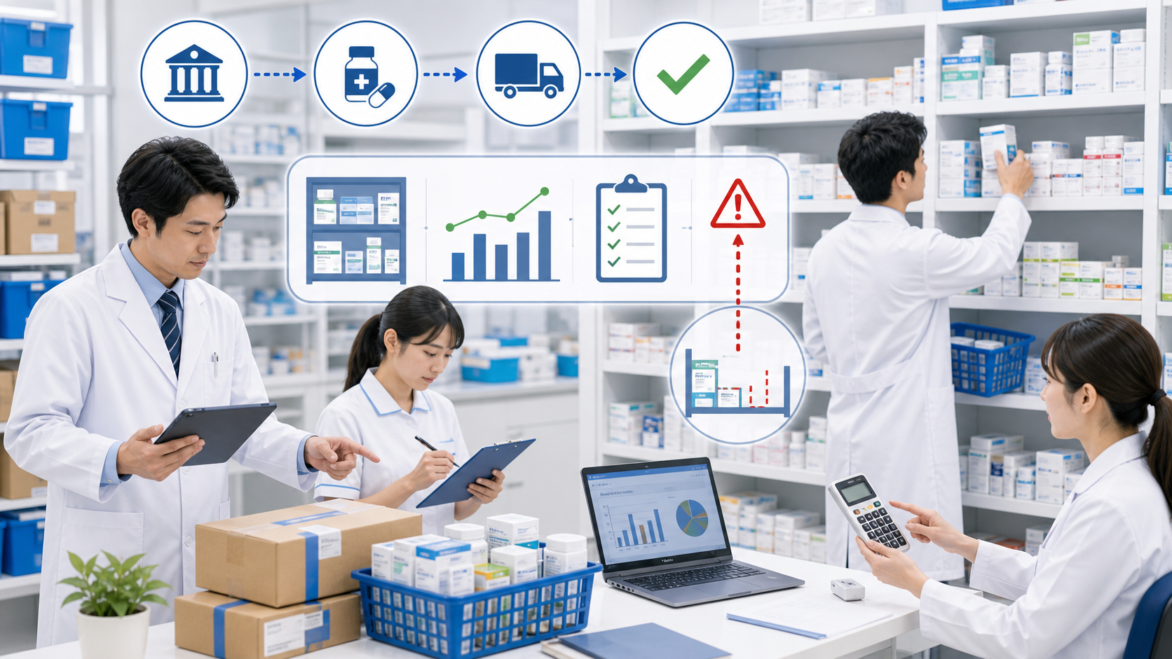 薬局で医薬品の現在庫、使用量、発注残を確認するイメージ