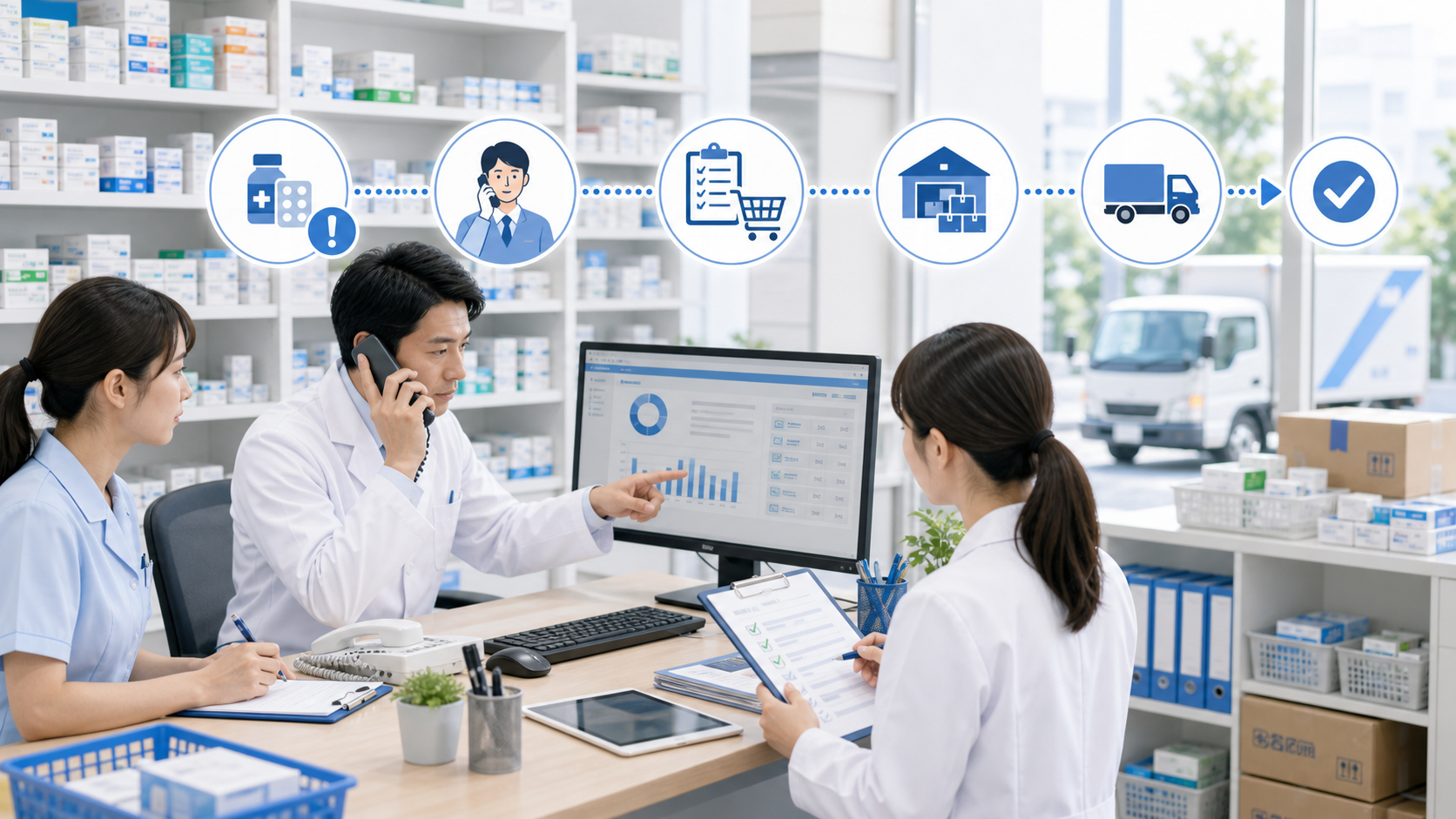 薬局で医薬品供給情報をもとに卸確認と発注調整を行うイメージ