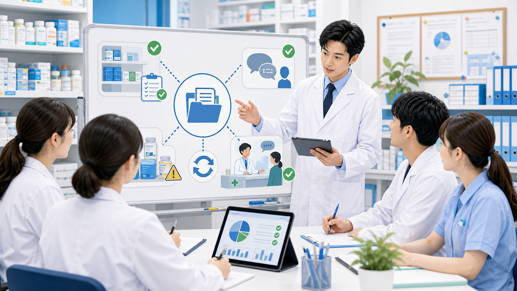 薬局スタッフが医薬品供給情報の共有と問い合わせ対応を確認するイメージ