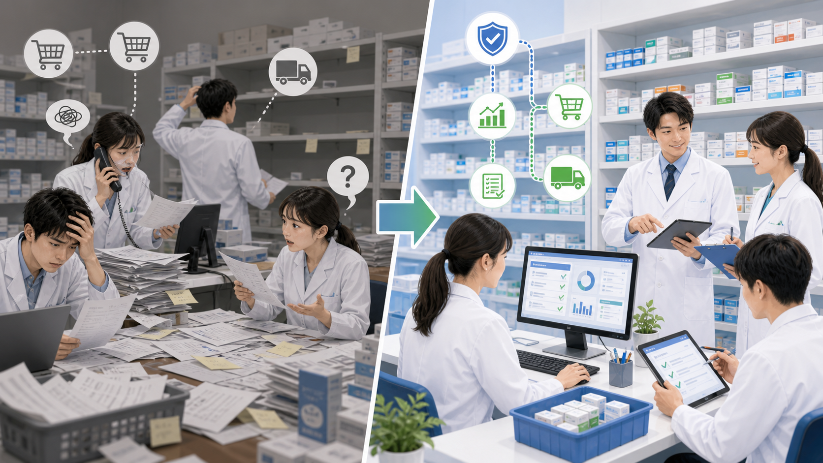 医薬品供給不安で混乱しやすい薬局と整理された薬局の違いを示す図解イメージ