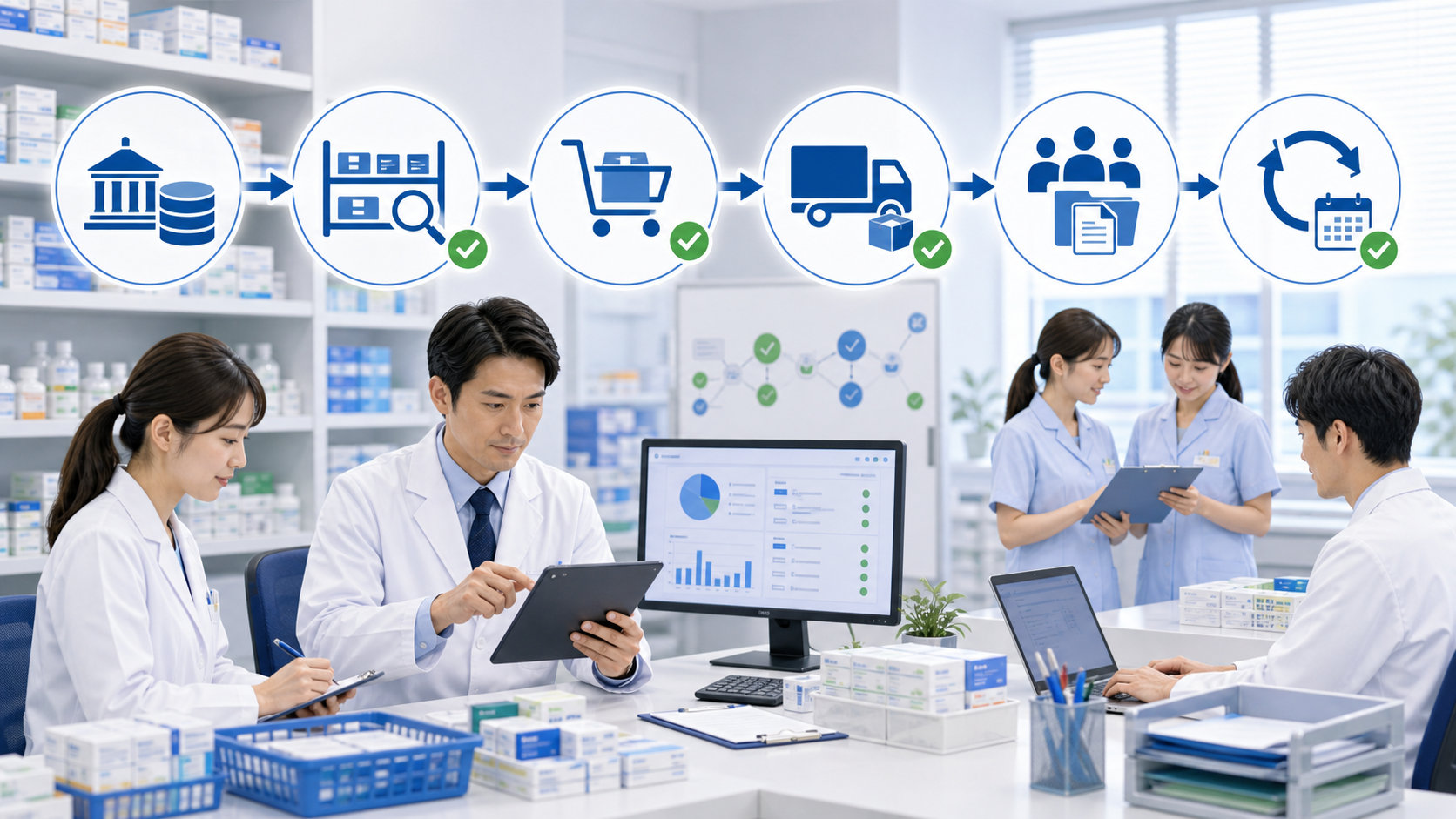 薬局で医薬品供給情報を確認し在庫発注共有へつなげる手順のイメージ