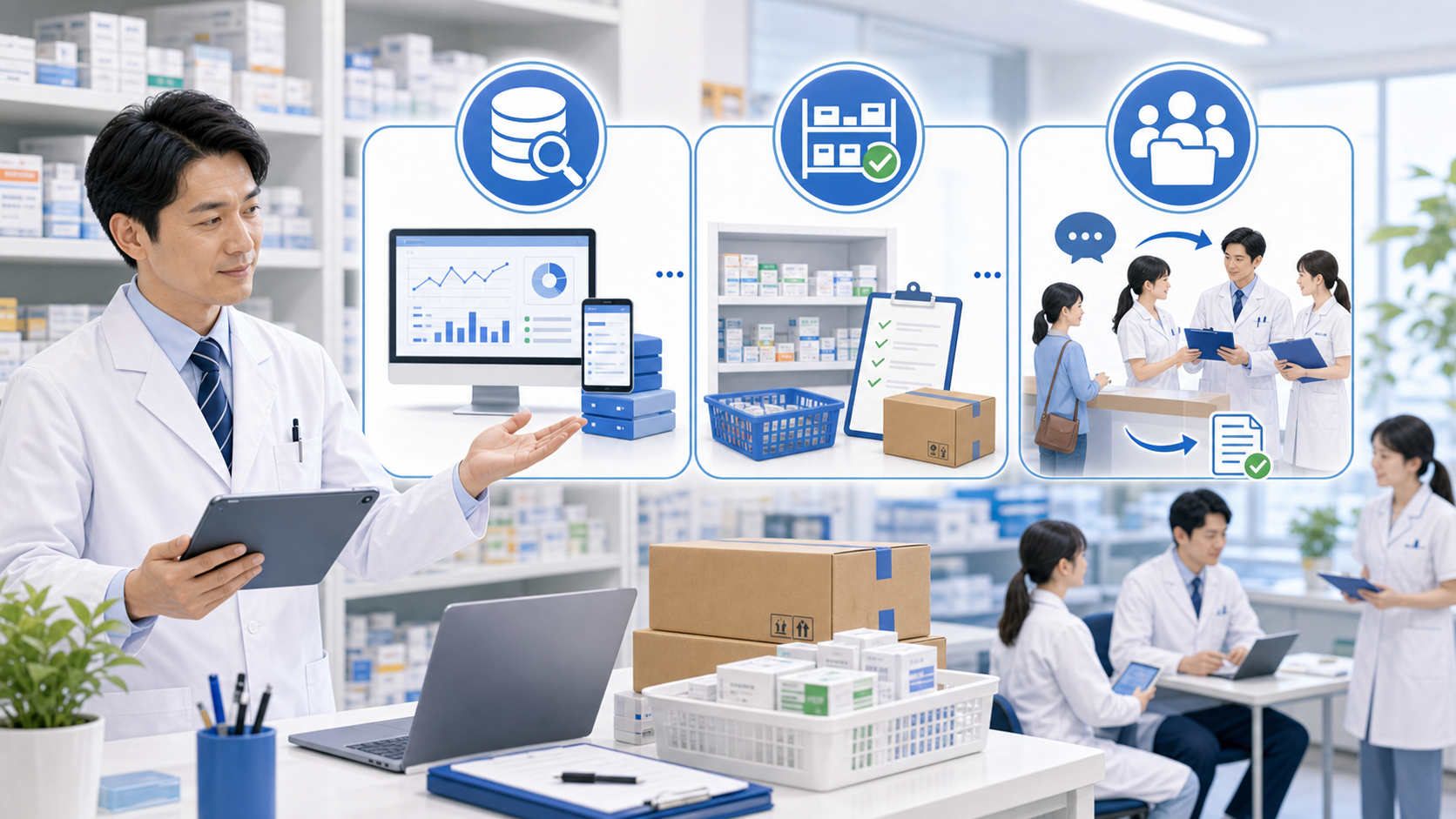 医薬品供給情報を薬局で公式情報、在庫発注、スタッフ共有に整理するイメージ