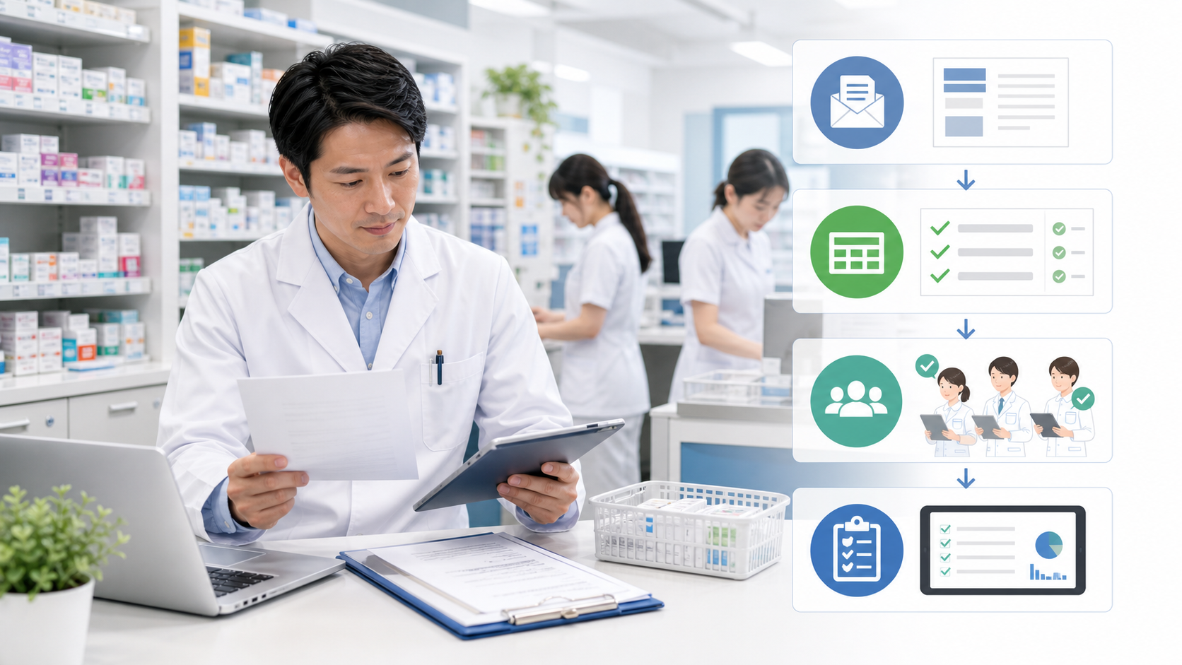 薬局で本部通達を現場用チェックリストに落とし込む管理薬剤師のイメージ