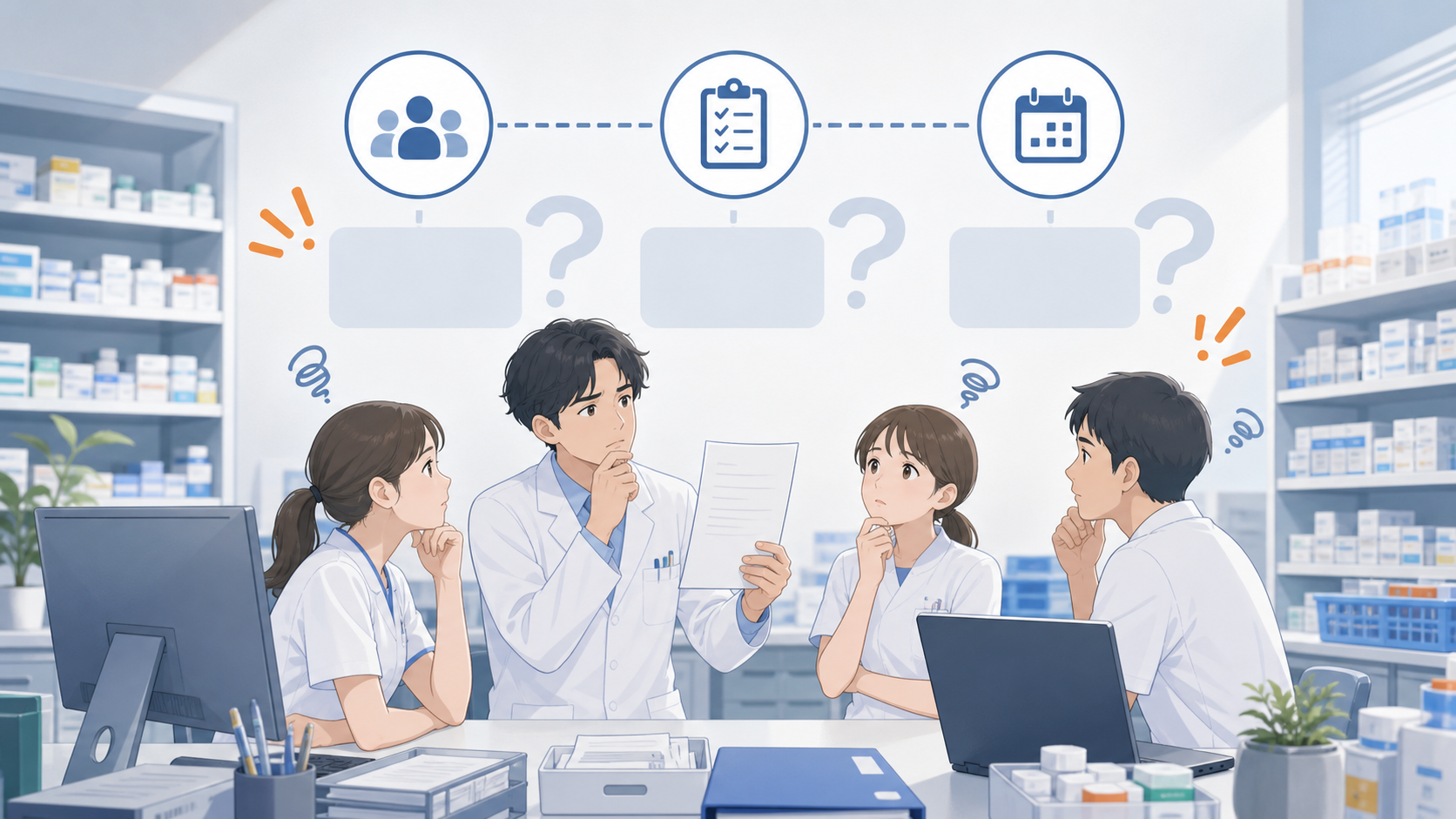 薬局で本部通達の担当や期限が曖昧なまま止まるイメージ