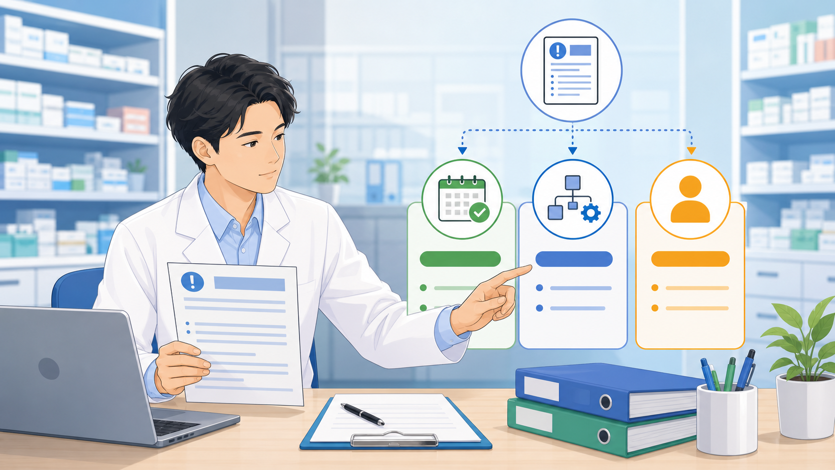 薬局で本部通達の期限と対象業務を分類するイメージ