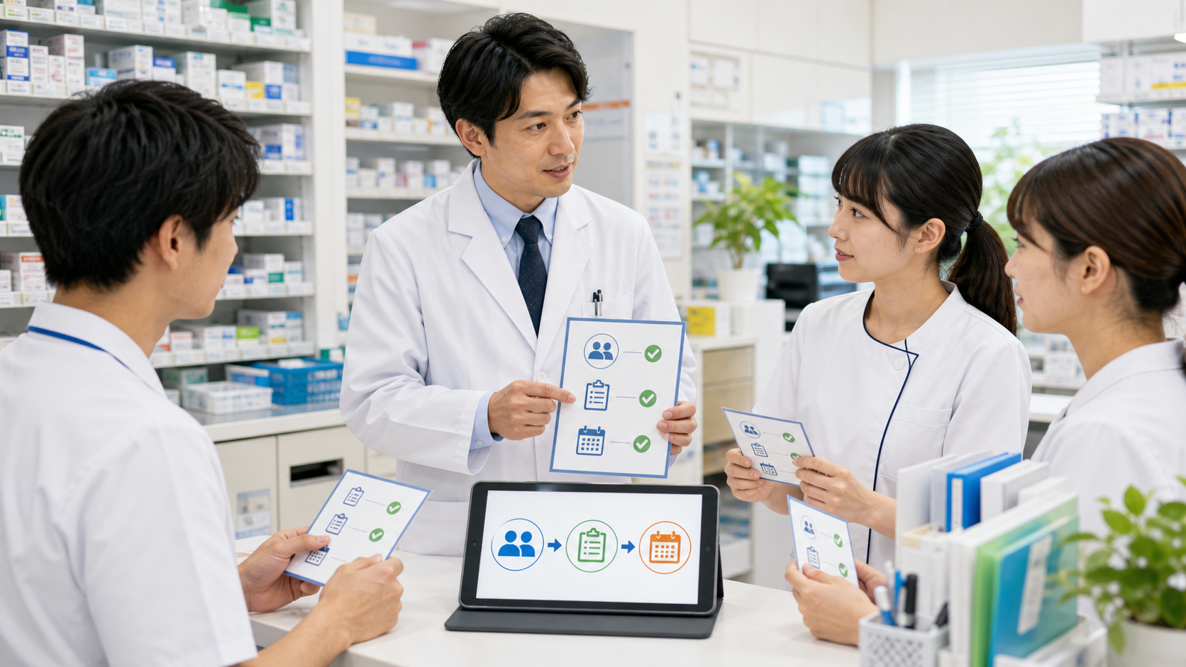 薬局スタッフへ本部通達の要点を短く共有するイメージ