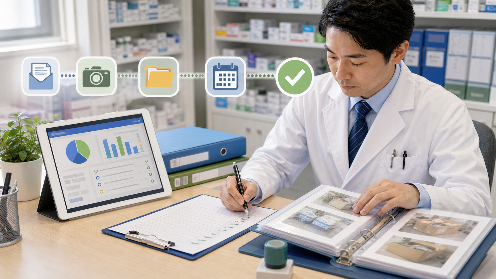 薬局で本部通達の確認記録と証跡を残すイメージ
