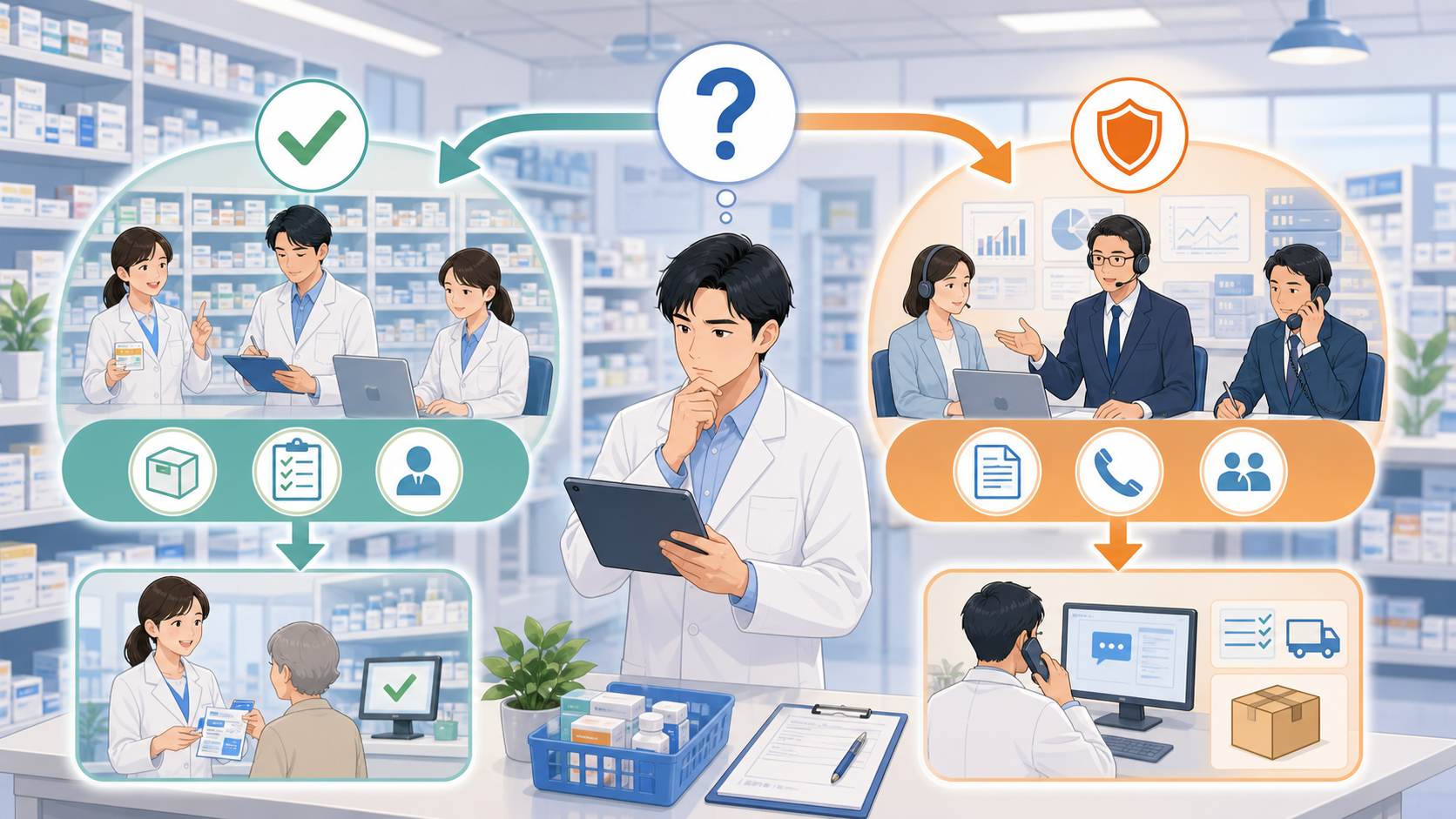 薬局で店舗判断と本部判断とベンダー確認を分けるイメージ