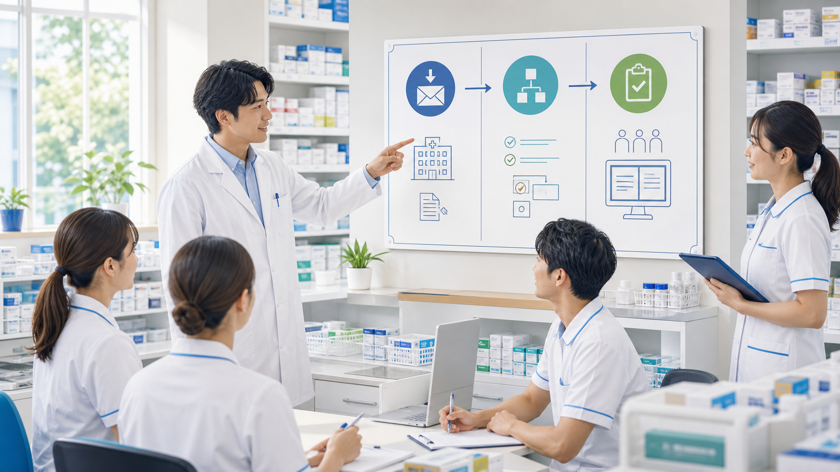 薬局で本部通達を受け取り、分解し、共有記録する3手順のまとめイメージ