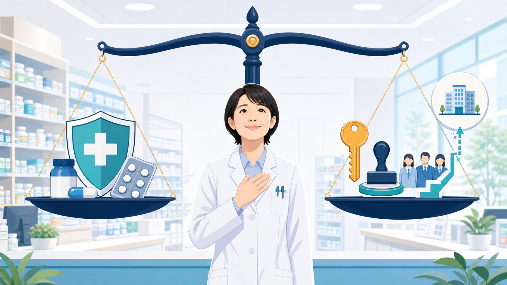 管理薬剤師の責任と判断権限や本部支援が釣り合う状態を示す図解