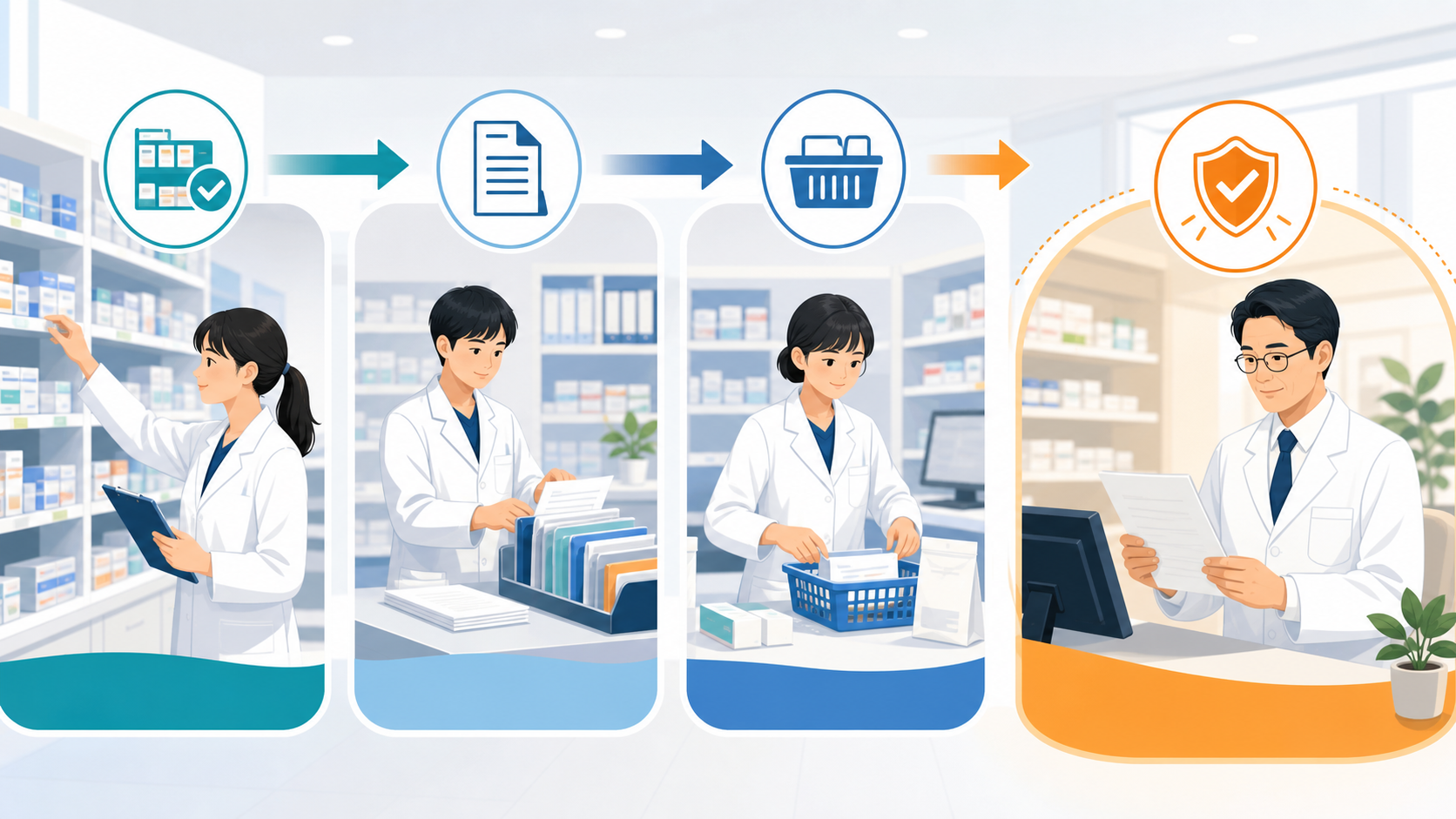 薬局スタッフが実作業を分担し管理薬剤師が最終確認する流れの図解