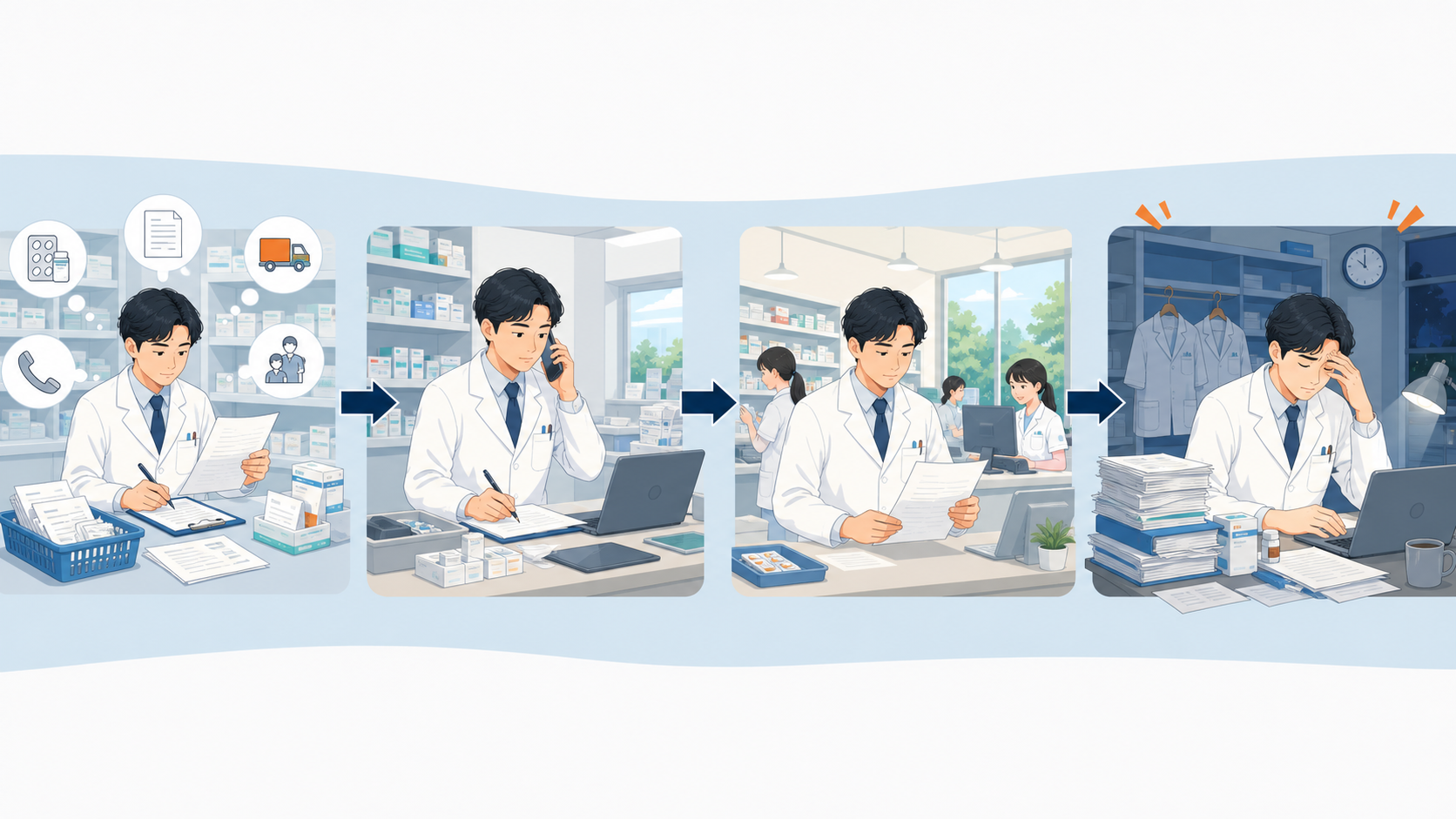 管理薬剤師が業務を抱え込み残業と属人化が固定する流れの図解