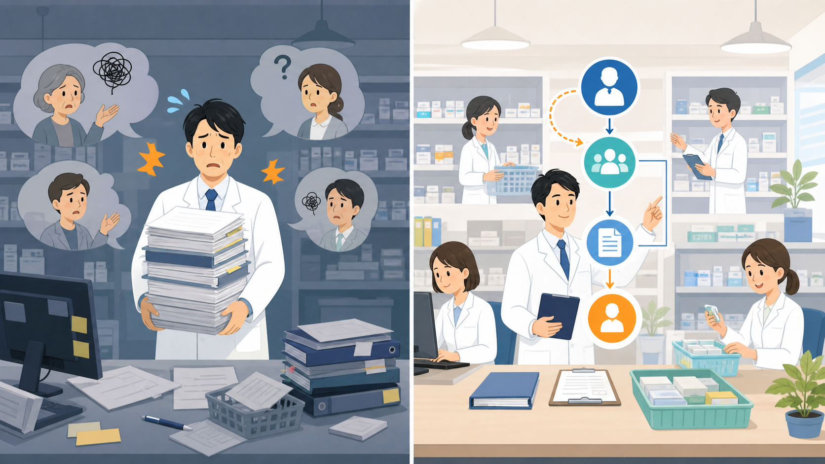 管理薬剤師が改善できる問題と職場構造として変えにくい問題を比べる図解