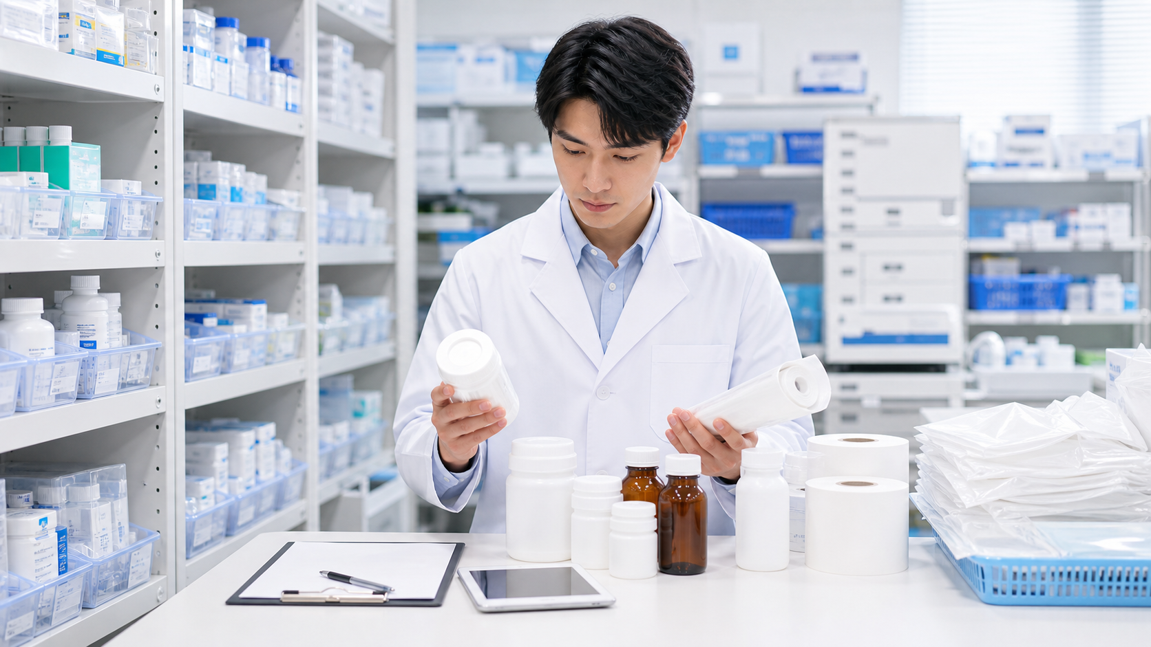 薬局で軟膏容器や分包紙の在庫を確認する管理薬剤師のイメージ