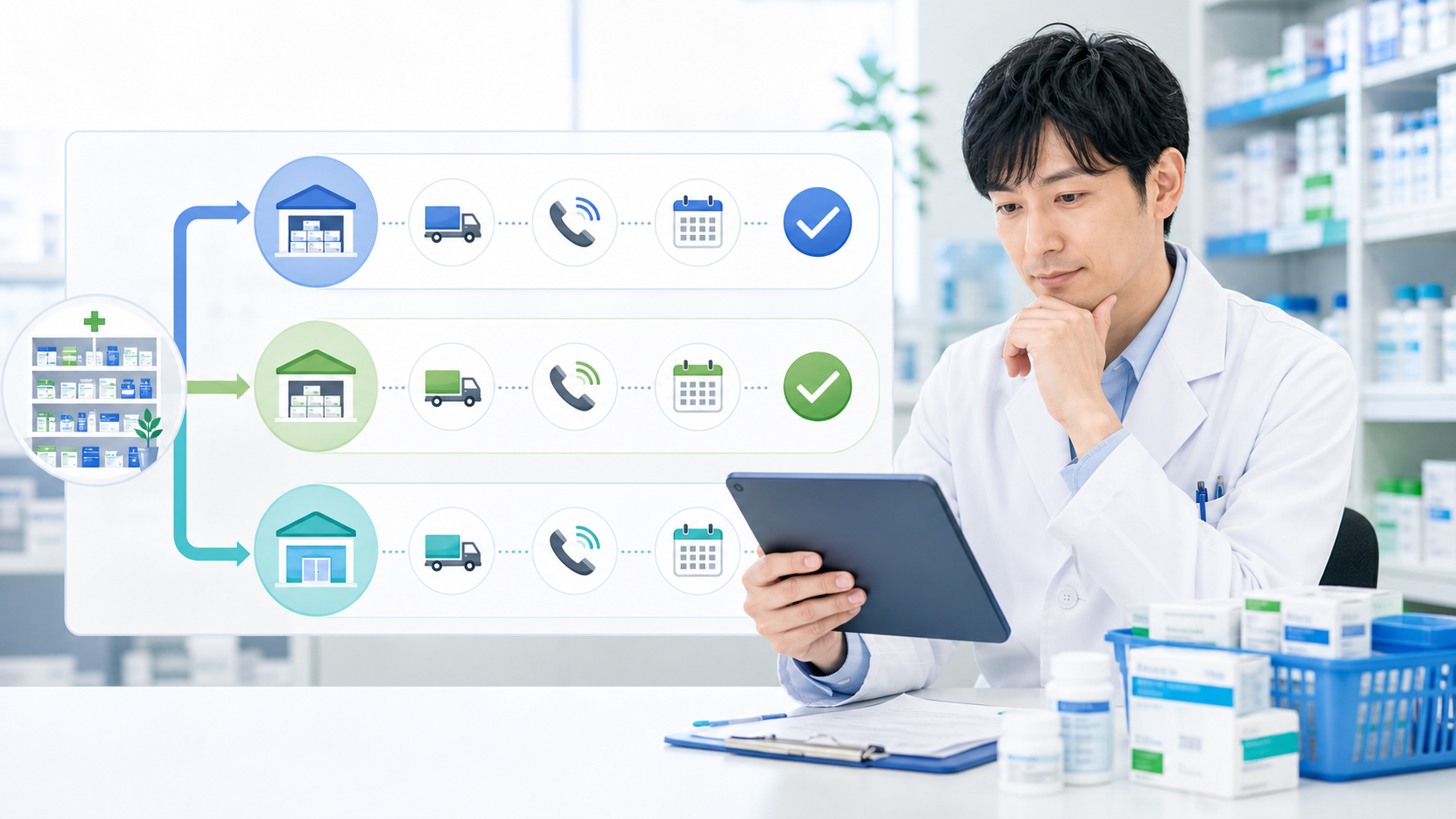薬局で発注ルートと公式情報を確認するイメージ