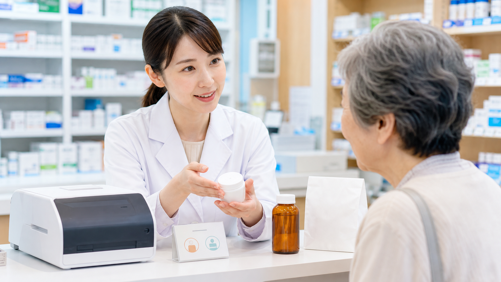 薬局で容器変更時の患者説明と表示確認を行うイメージ