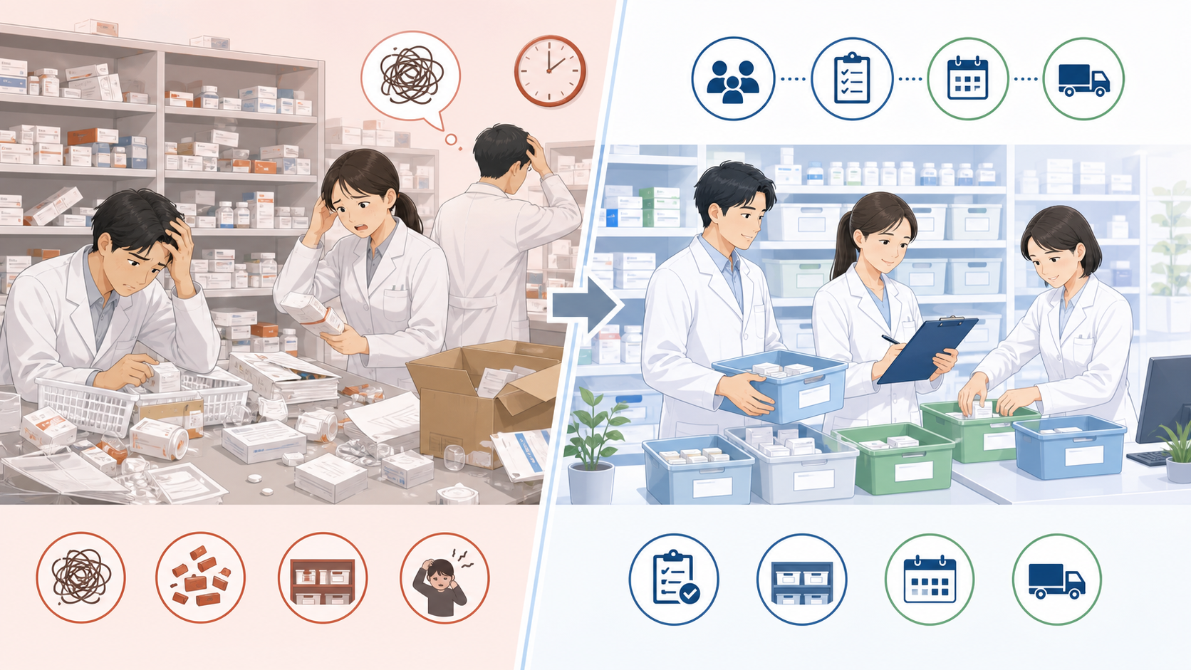薬局で資材不足時の混乱しやすい発注と整理された発注を比較するイメージ