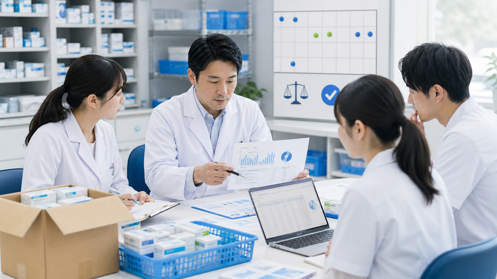 薬局で必要量に見合う資材発注を確認する管理薬剤師のイメージ