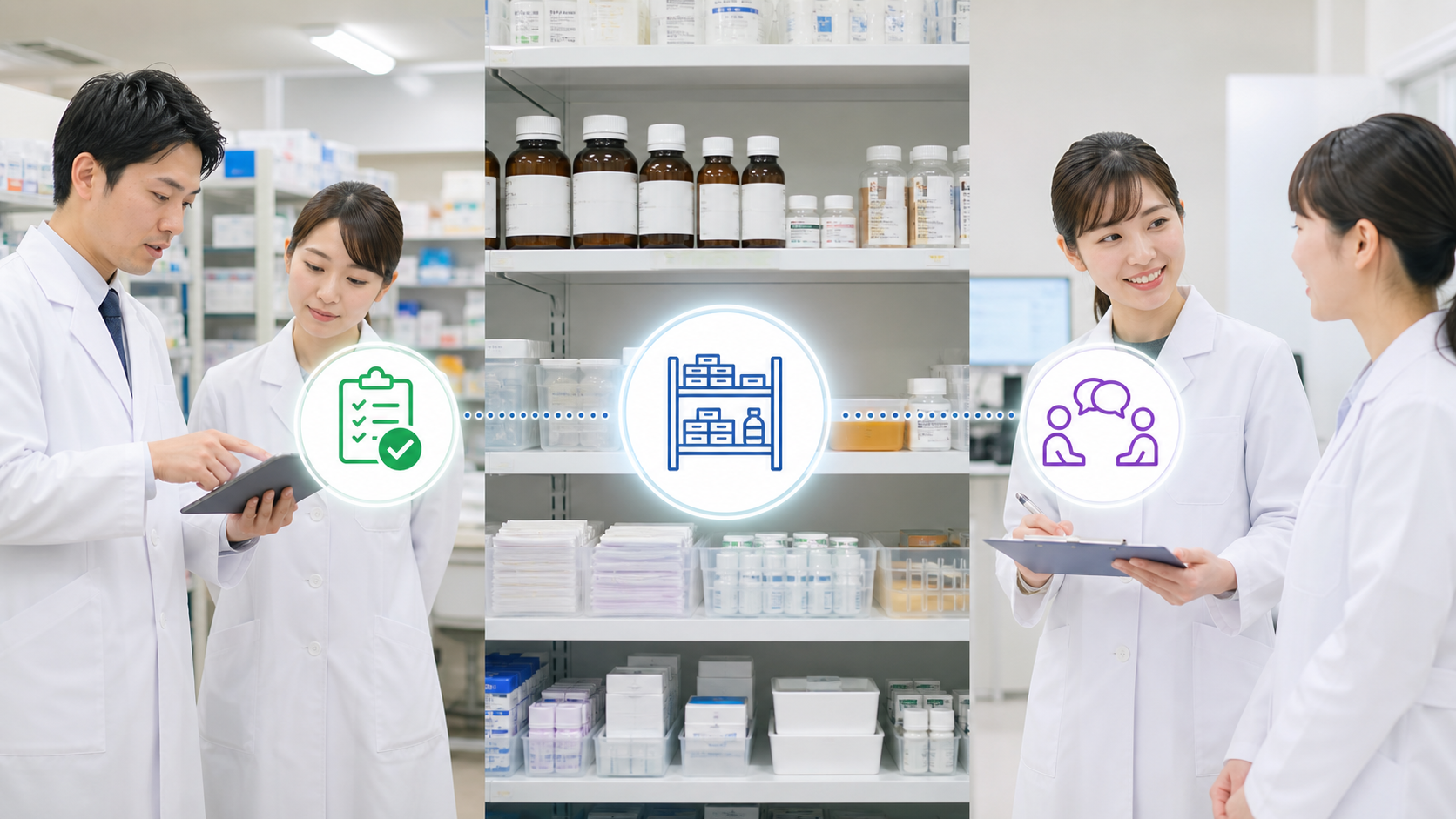 薬局チームが軟膏容器不足時の在庫、発注、共有を確認するイメージ