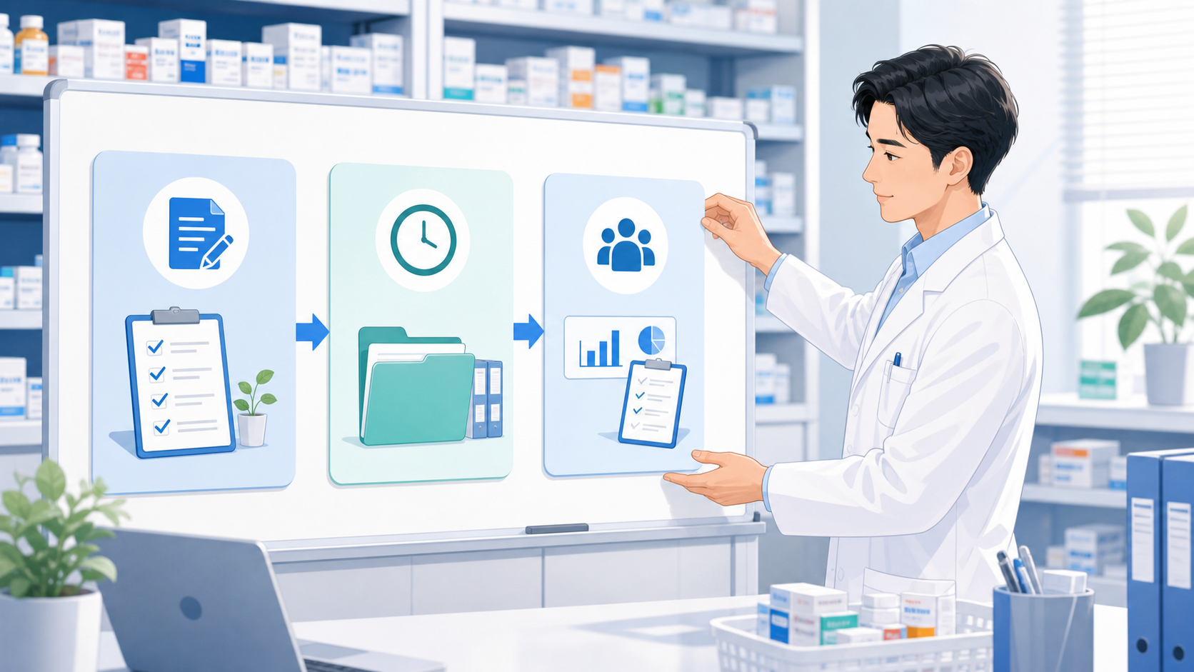 薬局でチェックリスト運用を作る、使う、見直すに分ける管理薬剤師のイメージ